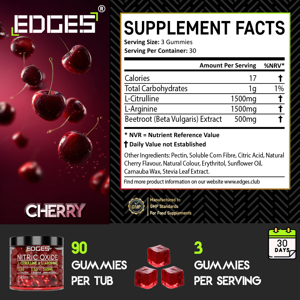 Nitric Oxide Gummies 3500mg - L-Citrulline & L-Arginine - Cherry Flavoured (1 Month)