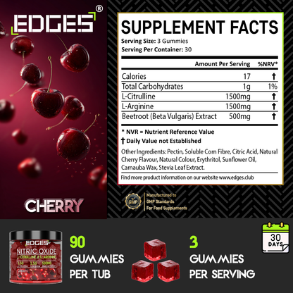 Nitric Oxide Gummies 3500mg - L-Citrulline & L-Arginine - Cherry Flavoured (1 Month)