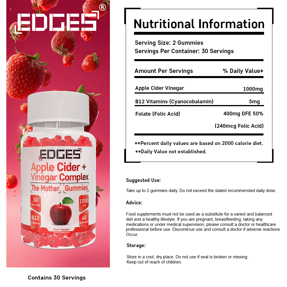 Apple Cider Vinegar Gummies 1000mg with The Mother - Added Vitamin B12 & Folic Acid