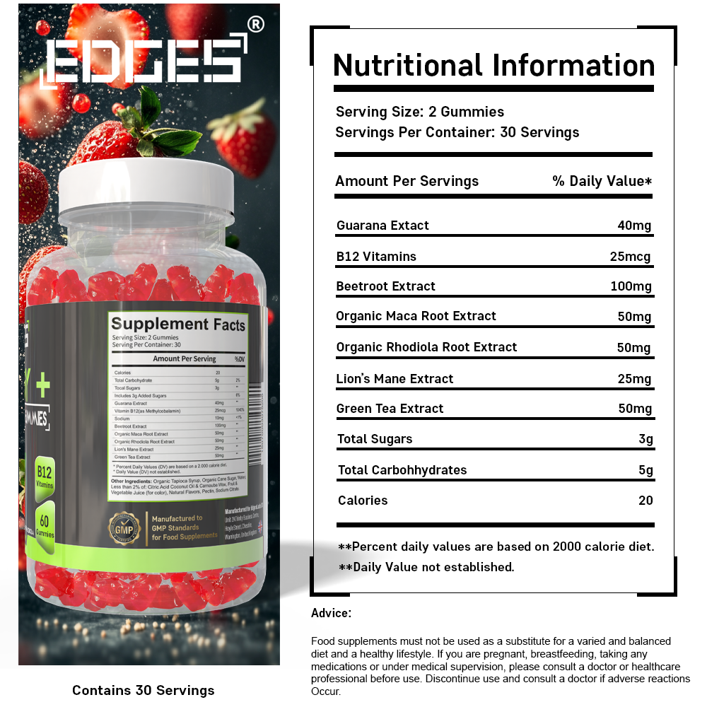 Energy Gummies 60 Guarana Gummies - with B12 Vitamins, Lion's Mane and Maca Root