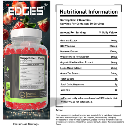 Energy Gummies 60 Guarana Gummies - with B12 Vitamins, Lion's Mane and Maca Root