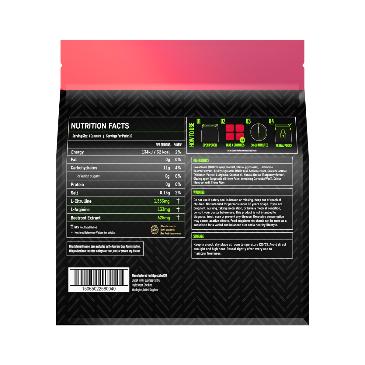 Nitric Oxide Gummies 2000mg - L-Citrulline & L-Arginine - Raspberry Flavoured (1 Month)